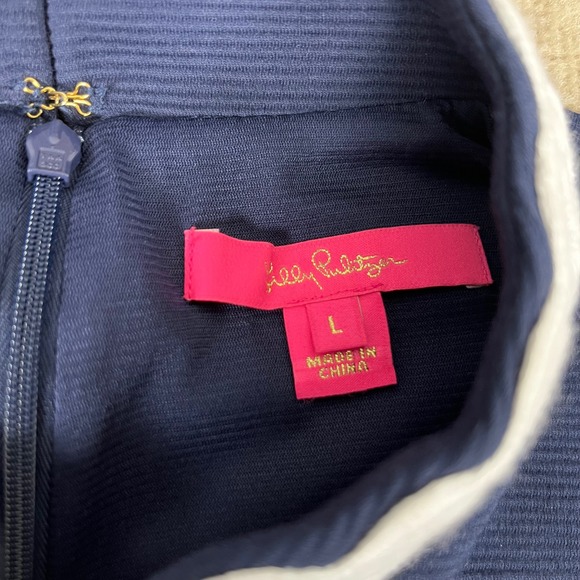 Lilly Pulitzer Callista Navy Blue Shift Dress White Lace Trim Sleevless Size L - Picture 2 of 6